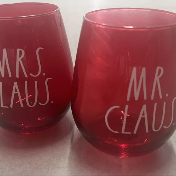 Set of 2 Red Stemless Wine Glasses with “Mr Claus” and “Mrs Claus” by Rae Dunn - Picture 2 of 3